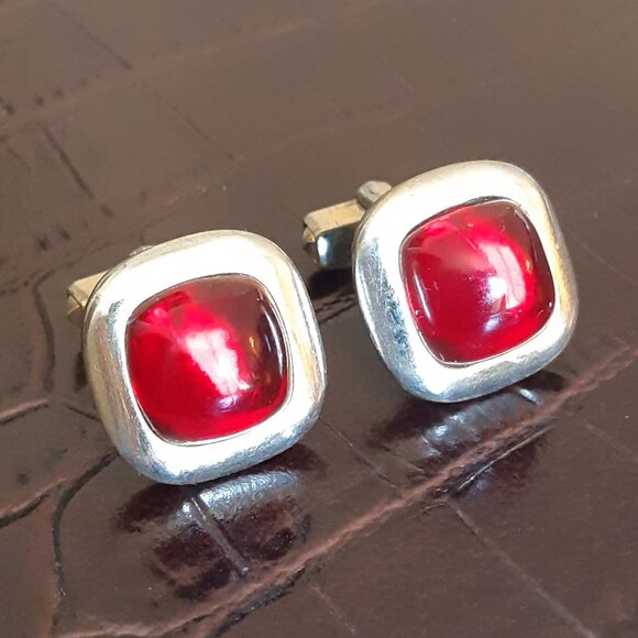 1950s Anson Art Deco Style Red Lucite Cuff Links Gold Tone Finish, Vintage - Picture 11 of 11